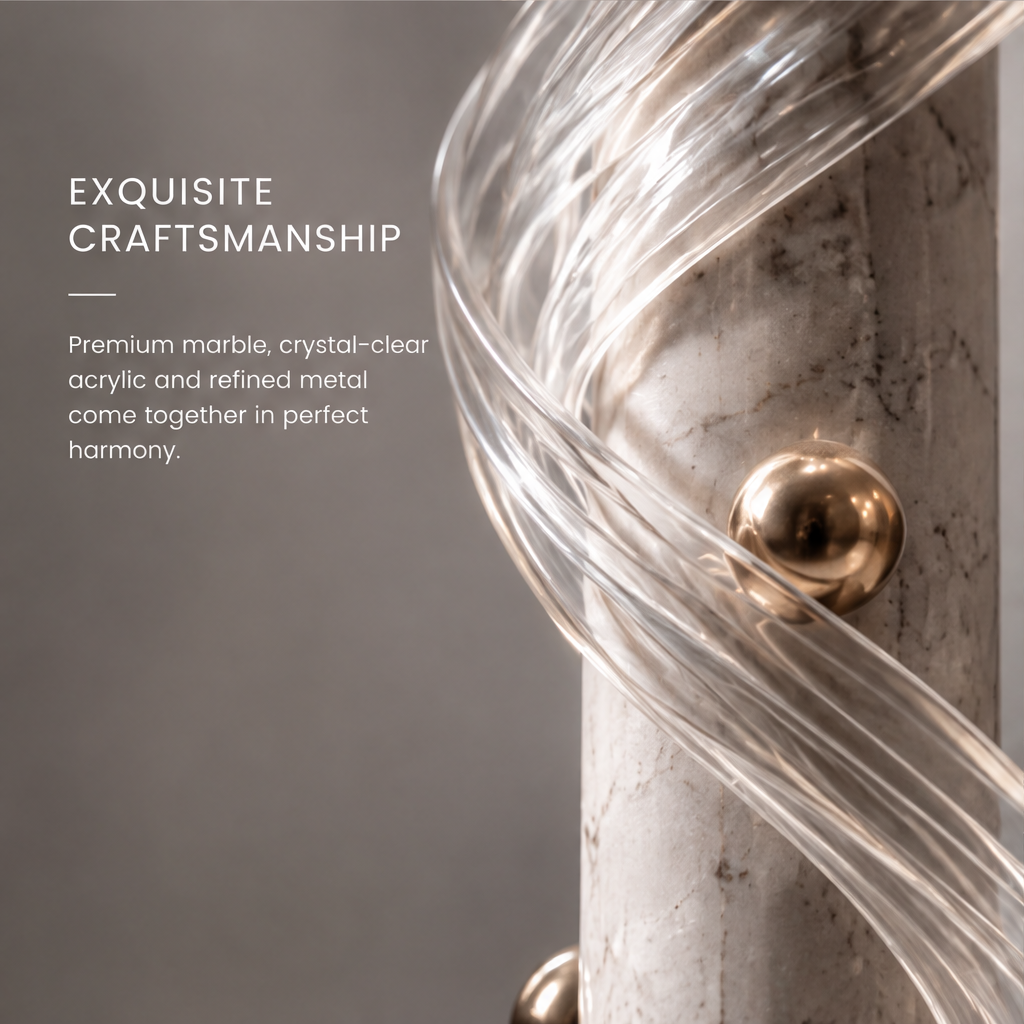 HOMZURE spiral column sculpture with clear winding lines and gold-tone spheres around a pale veined column on a round base