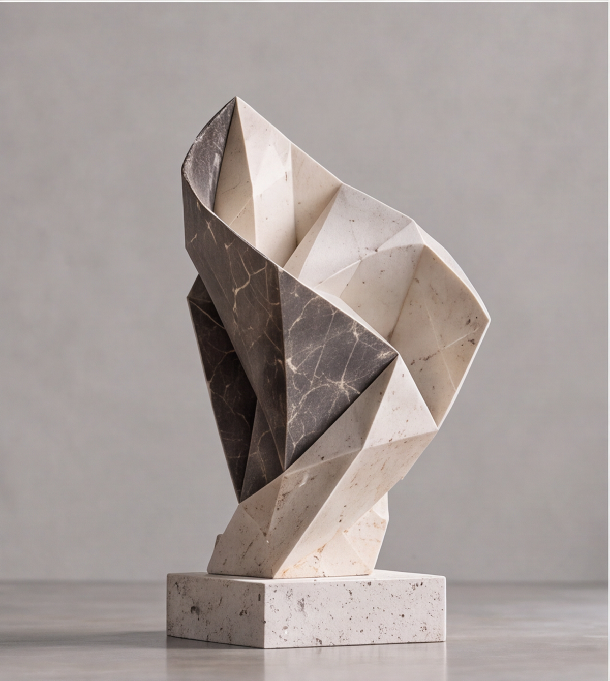 HOMZURE folded black and pale stone-look geometric sculpture on a speckled square base against a plain background