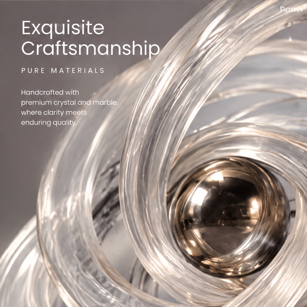 HOMZURE intertwined clear orbit sculpture around a reflective sphere on a dark veined cylindrical base against a plain background