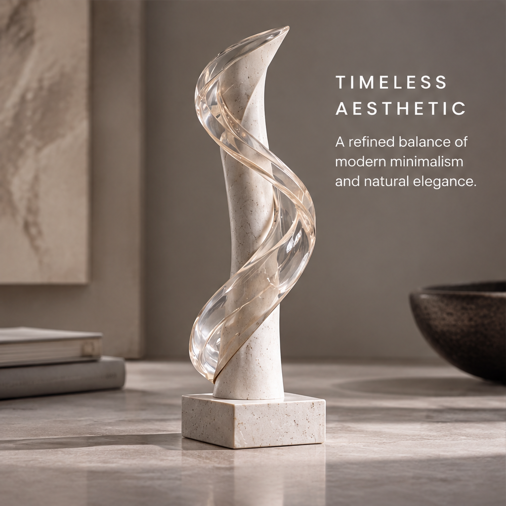 Side view of HOMZURE spiral sculpture on square base with strength and harmony message