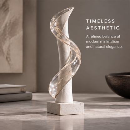 Side view of HOMZURE spiral sculpture on square base with strength and harmony message