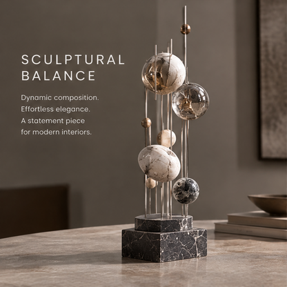 HOMZURE sculptural balance accent showing spheres at varied heights above a veined dark base