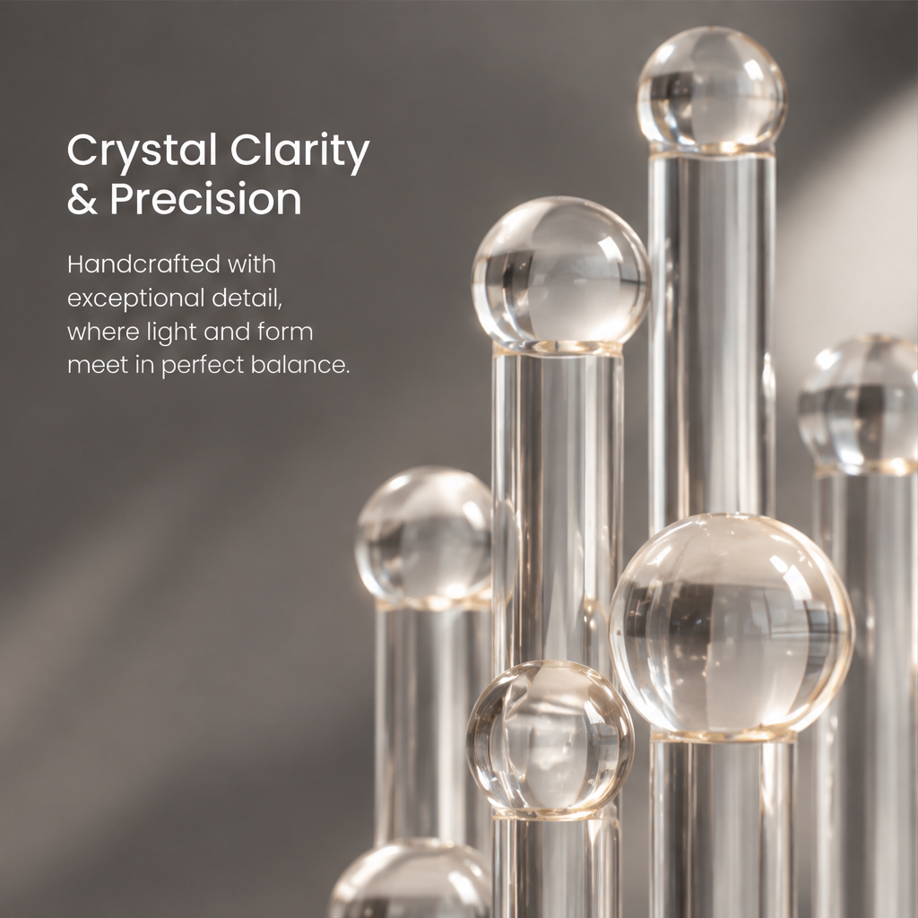 Close-up of the clear spheres and vertical rods of the HOMZURE decorative sculpture