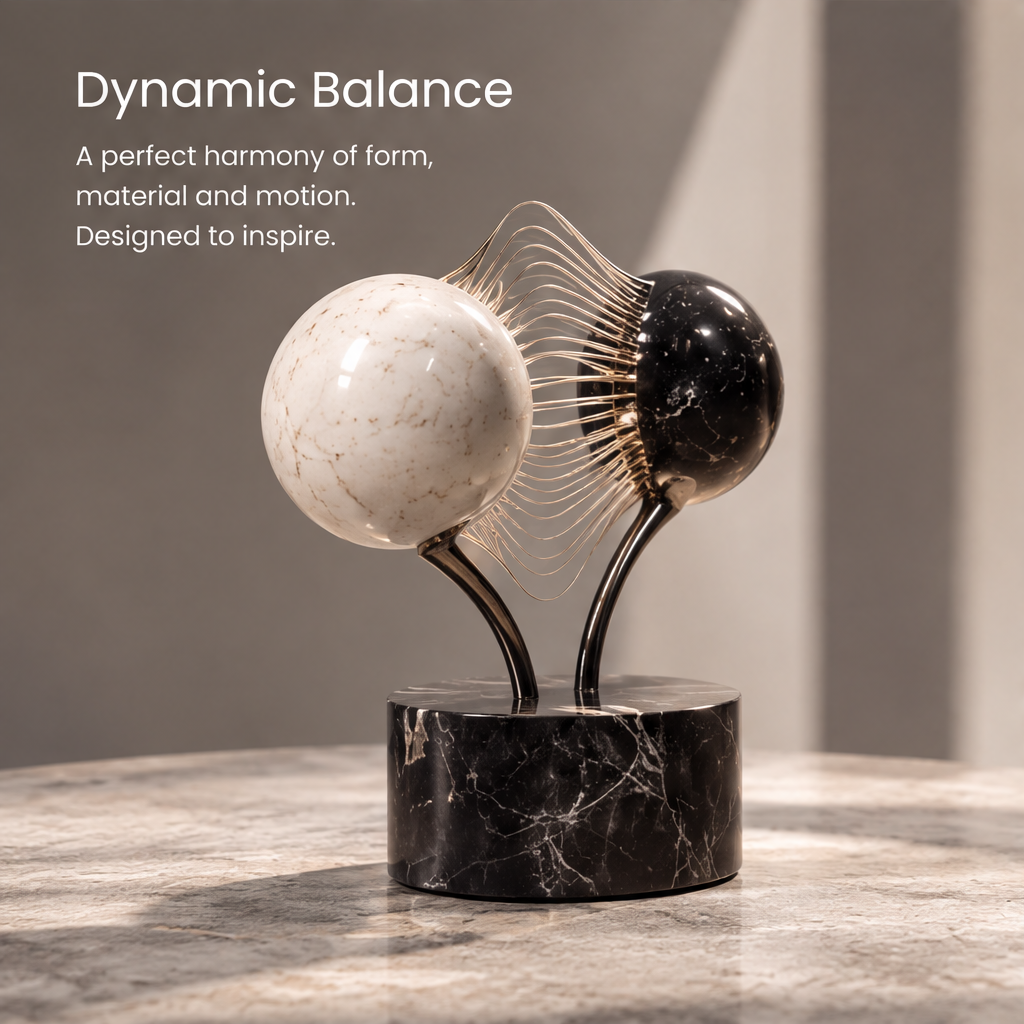 HOMZURE black-and-white dual sphere wave sculpture styled on a dark console with books and a bowl