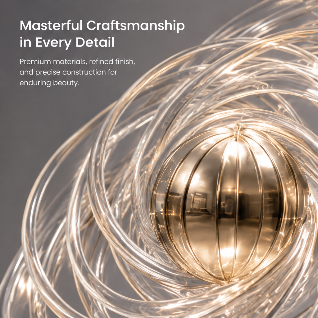 HOMZURE orbital swirl sculpture with clear overlapping loops around a gold-tone sphere on a pale veined round base against a plain background