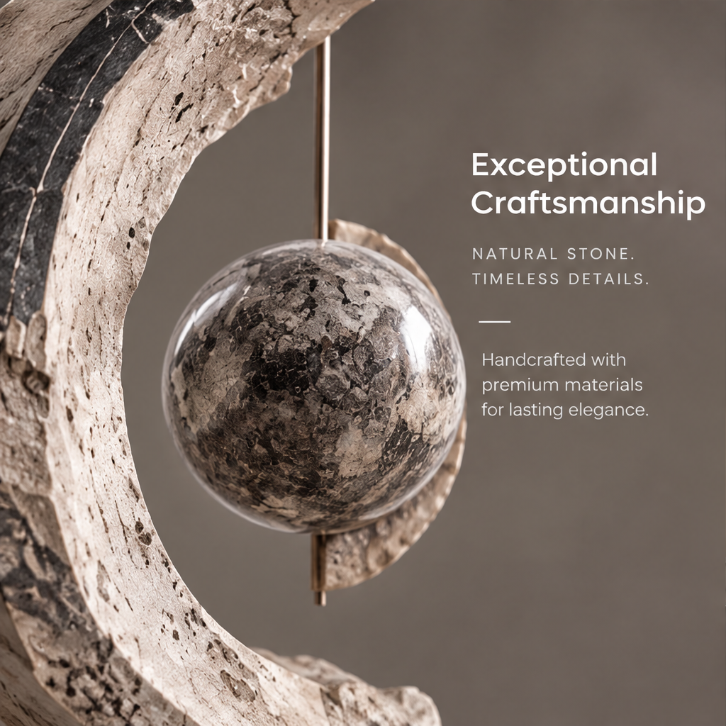 HOMZURE pale and dark patterned crescent sculpture with a suspended-look sphere on a rugged base against a plain background