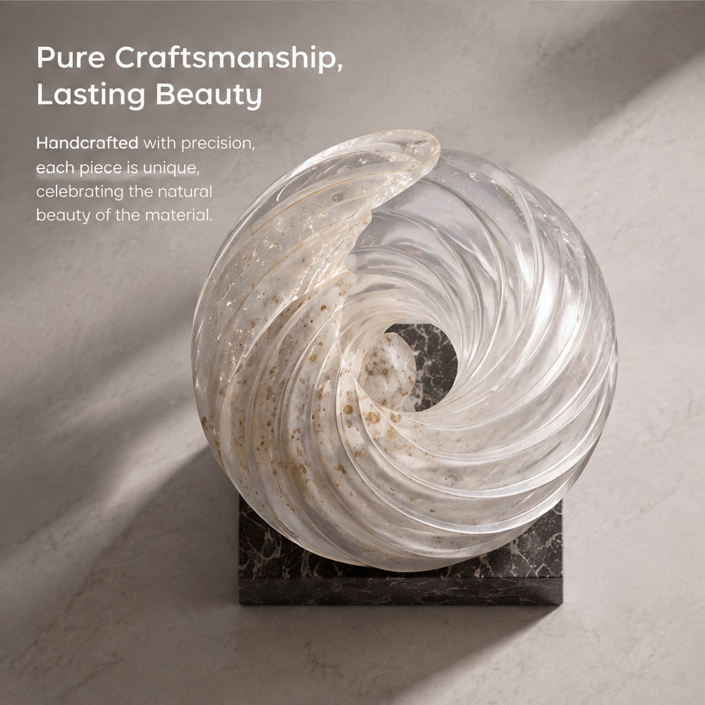 Close-up of the speckled translucent curved surface of the HOMZURE spiral sculpture
