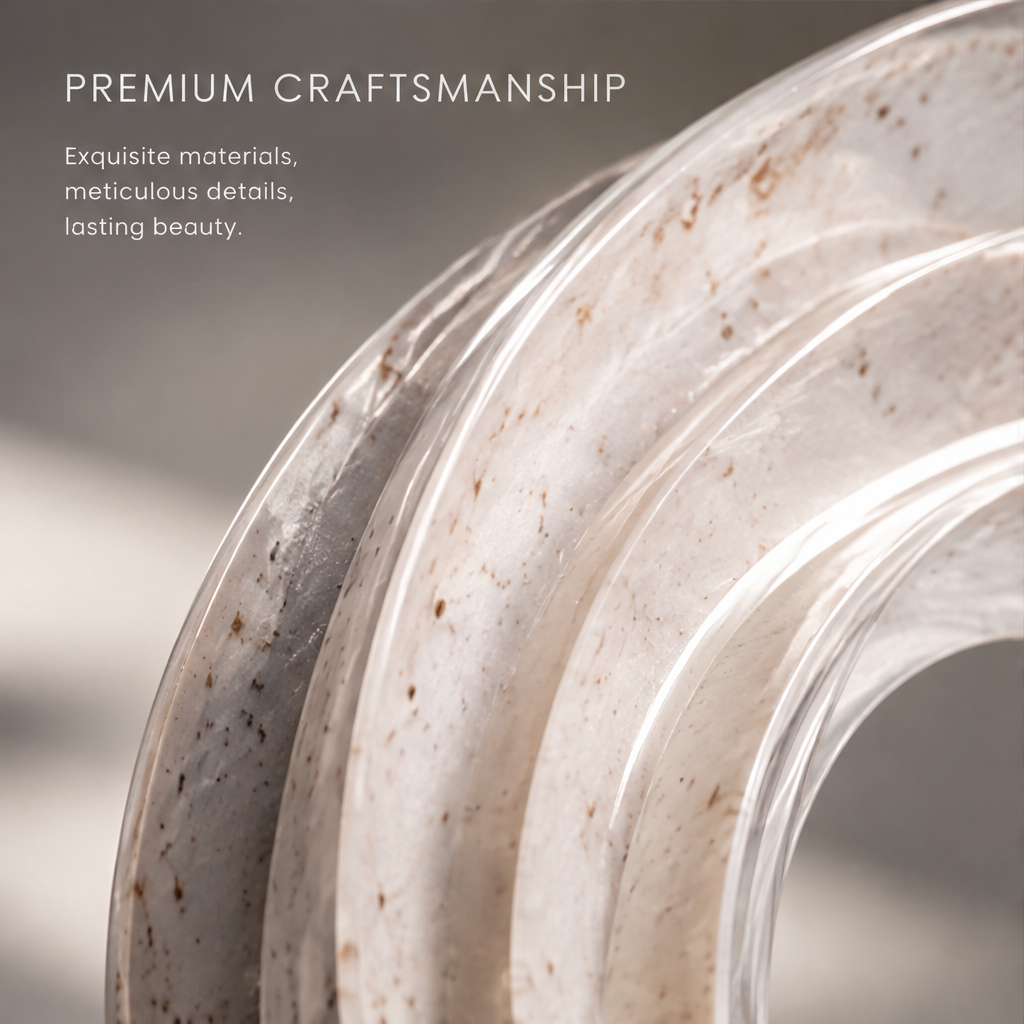HOMZURE layered pale ring sculpture with an open center on a dark veined cylindrical base against a light background