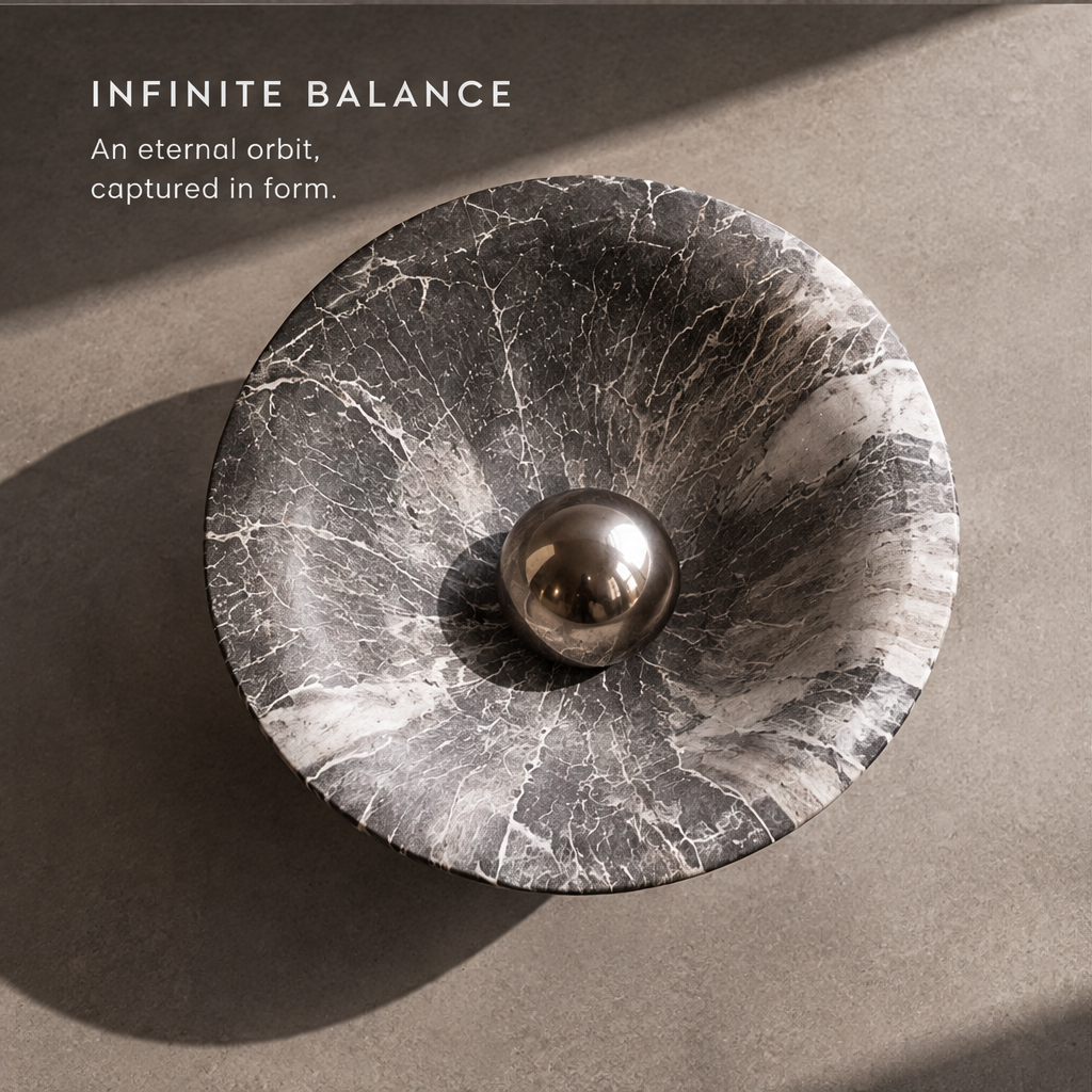 Close-up of HOMZURE dark veined bowl surface and reflective central sphere