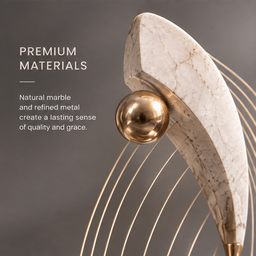 HOMZURE gold-tone arc balance sculpture with two golden spheres and pale veined curved forms on a round base against a plain backdrop