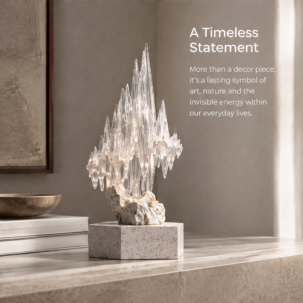 HOMZURE clear pointed sculptural decor on a rugged pale base and speckled rectangular plinth against a neutral background