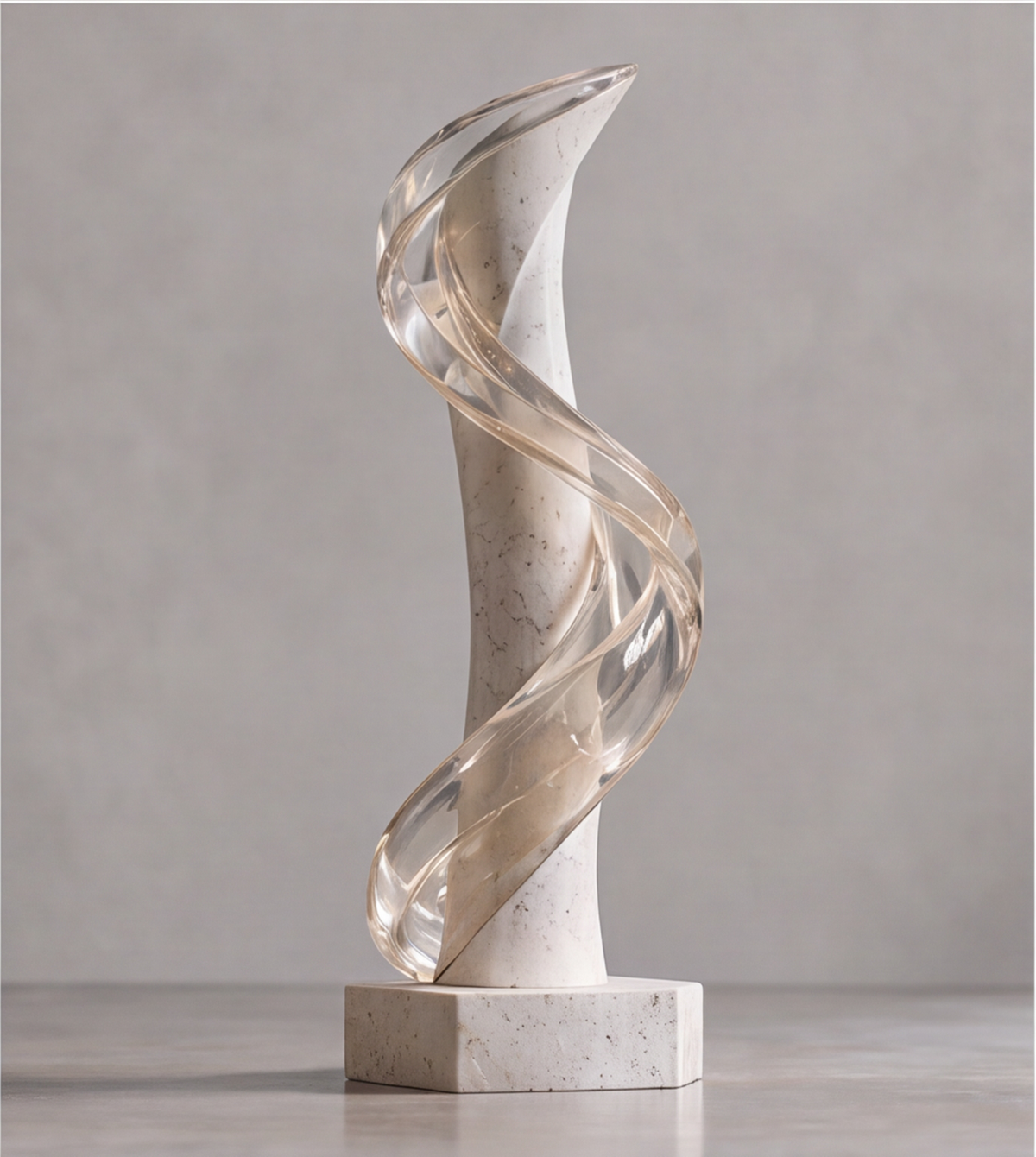Close-up of the clear spiral wrapping around the pale textured center of the HOMZURE sculpture