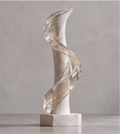 Close-up of the clear spiral wrapping around the pale textured center of the HOMZURE sculpture