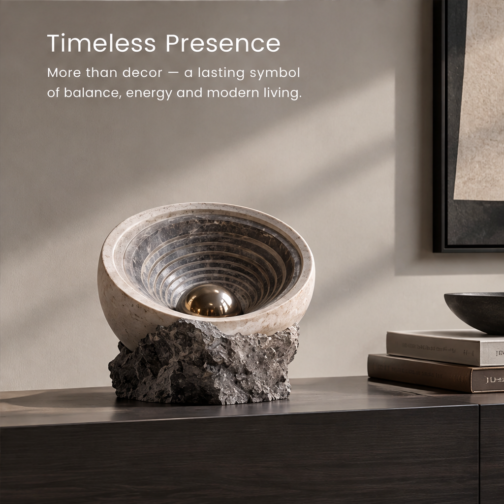 HOMZURE sculptural bowl with concentric inner rings, reflective sphere and rugged dark base against a plain background