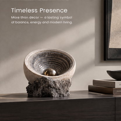 HOMZURE sculptural bowl with concentric inner rings, reflective sphere and rugged dark base against a plain background