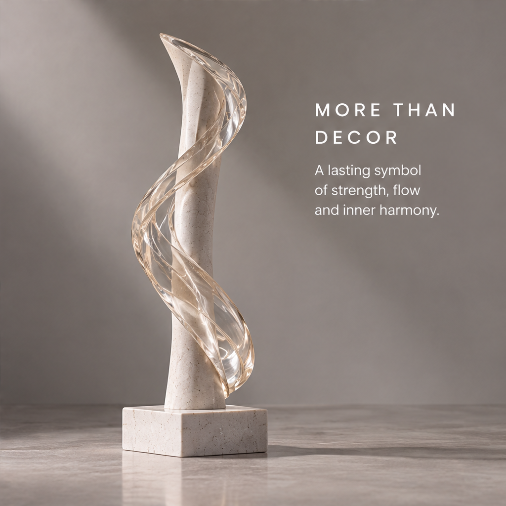 HOMZURE Invisible Force sculpture with a clear spiral around a pale speckled upright form on a square base