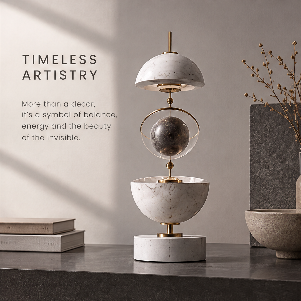 Angled view of HOMZURE orbital sculpture showing its gold-tone ring and dark veined central sphere