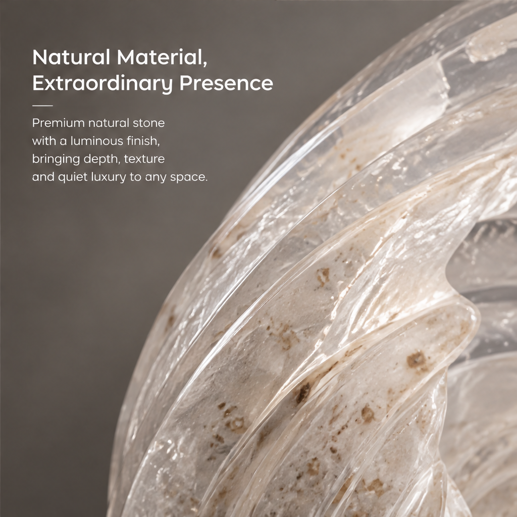 HOMZURE translucent spiral vortex sculpture with open center on a dark veined rectangular base against a plain background