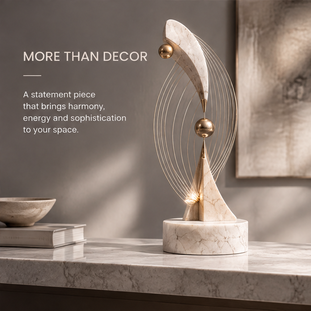 HOMZURE decorative balance sculpture with fine gold-tone arcs and spheres in angled light