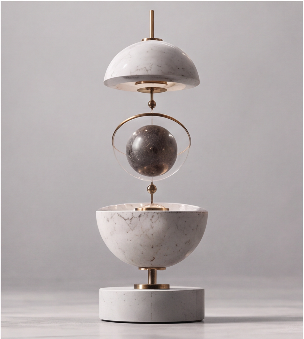 Close-up of the pale veined upper form, gold-tone ring and dark globe in the HOMZURE sculpture