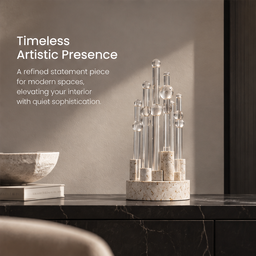 HOMZURE clear column sculpture displayed on a dark sideboard beside books and a bowl