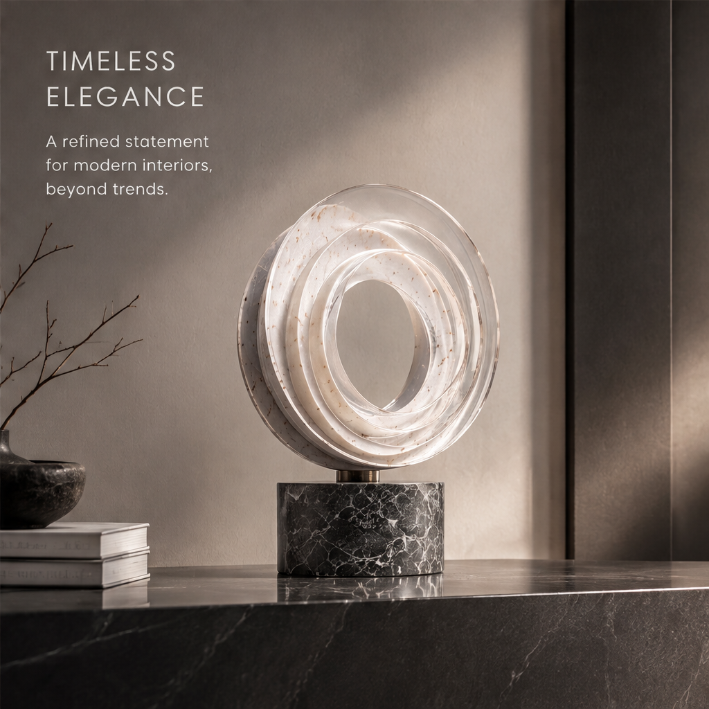 HOMZURE layered ring sculpture styled on a dark console with books and a vase