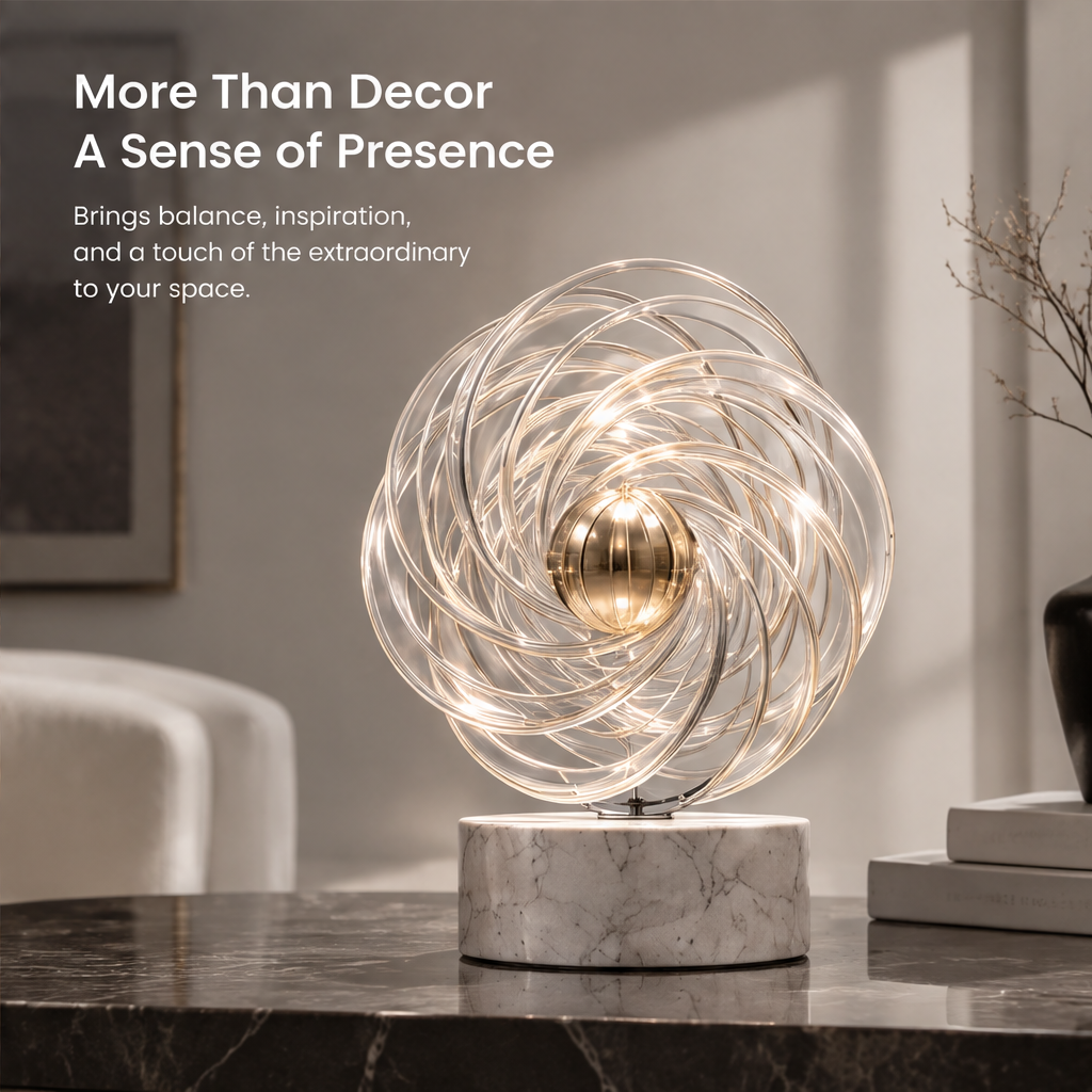 HOMZURE orbital swirl decorative sculpture styled on a dark living room table