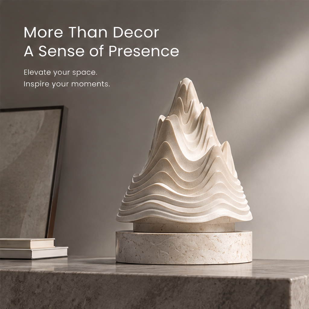 Top view of HOMZURE sculpture showing concentric flowing contours and softly speckled texture