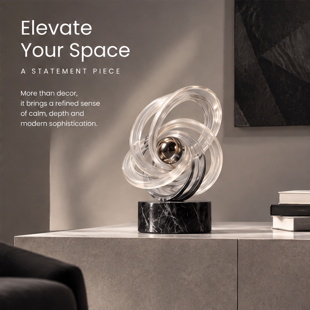 Angled view of the HOMZURE intertwined orbit sculpture showing layered clear curves