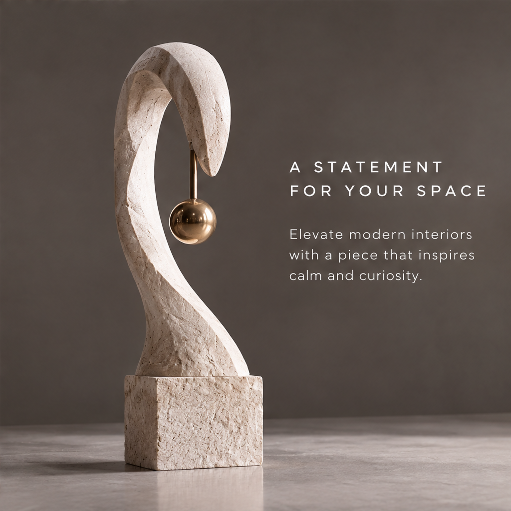 HOMZURE curved balance sculpture styled on a console next to books and a shallow bowl