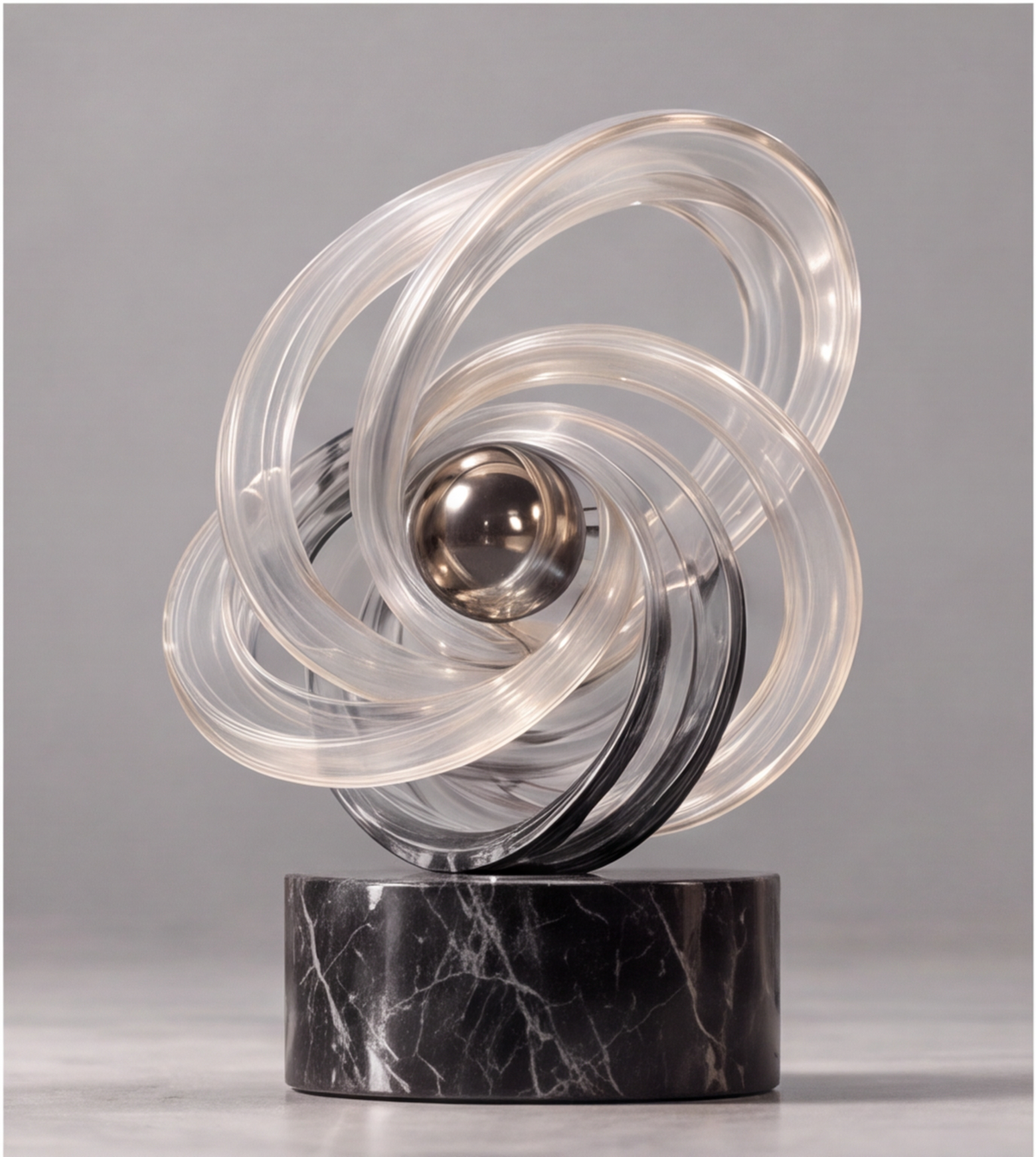 Front view of HOMZURE orbit sculpture with overlapping transparent loops and dark veined base