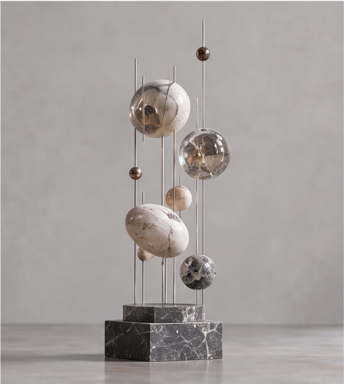 Close view of pale and dark veined spheres with reflective accents and metal rods on the HOMZURE sculpture