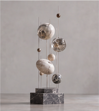 Close view of pale and dark veined spheres with reflective accents and metal rods on the HOMZURE sculpture