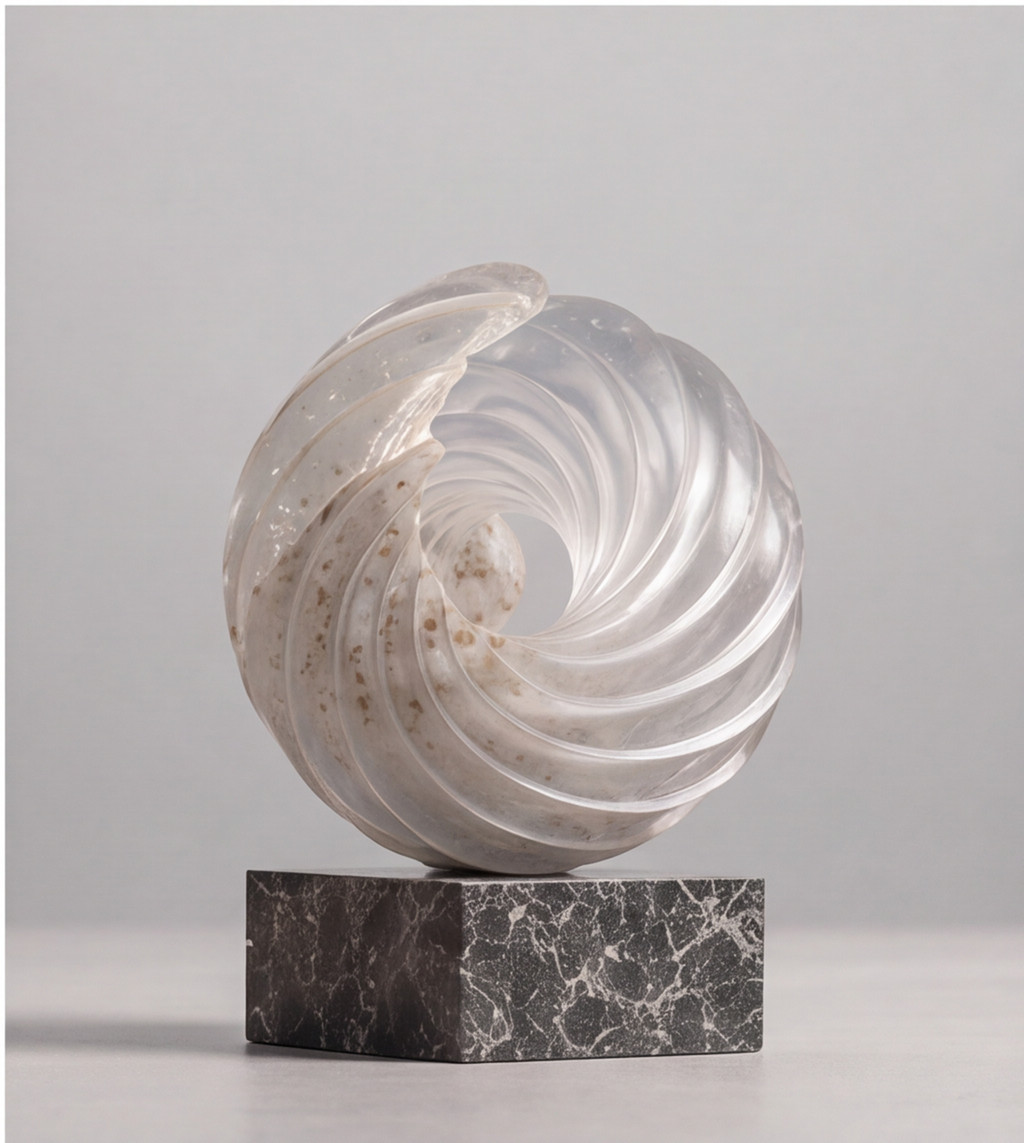 Front view of HOMZURE spiral decorative sculpture and its dark veined base in angled light