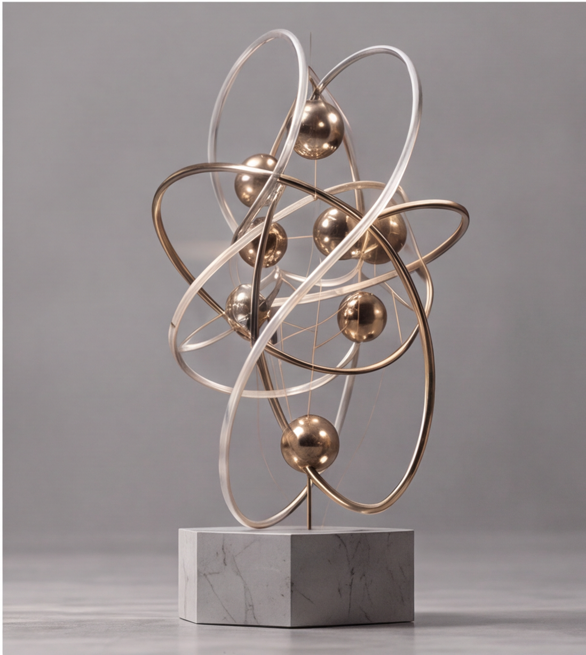 Close-up of HOMZURE sculpture's interwoven clear and gold-tone rings around reflective spheres