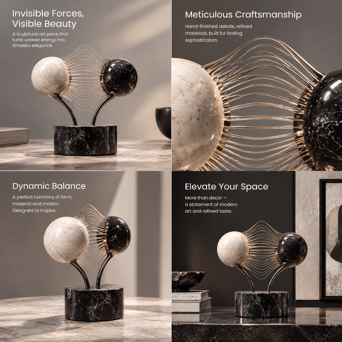 Close-up of curved metallic lines joining the pale veined and dark veined spheres of the HOMZURE sculpture