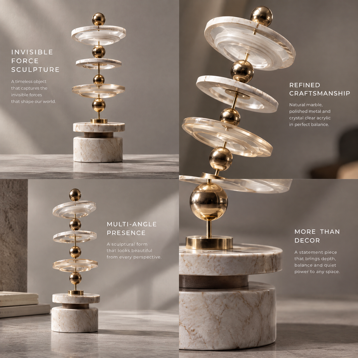 Four-panel collage showing full and detail views of the HOMZURE stacked orbit sculpture